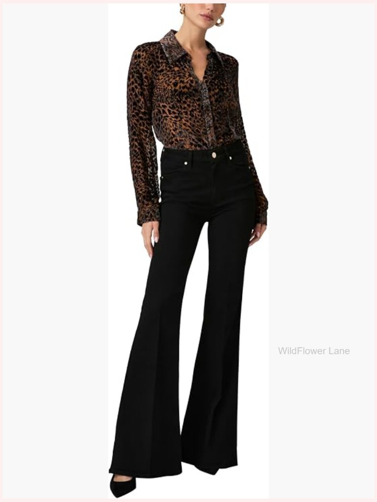 V-Neck Long Sleeve Button Down Blouse - Silk Blend Cheetah Print
